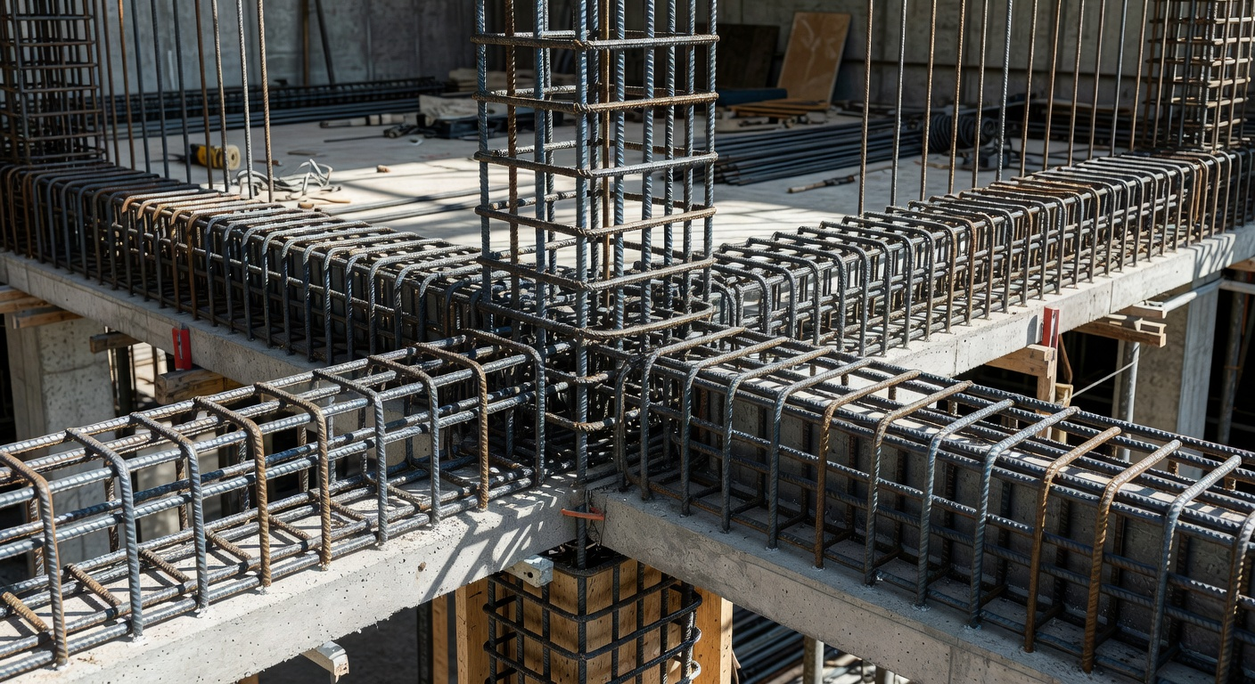 Nœud structurel poteau–poutres en béton armé avec continuité des armatures, illustrant un point clé de descente de charges et de transfert des efforts entre éléments porteurs