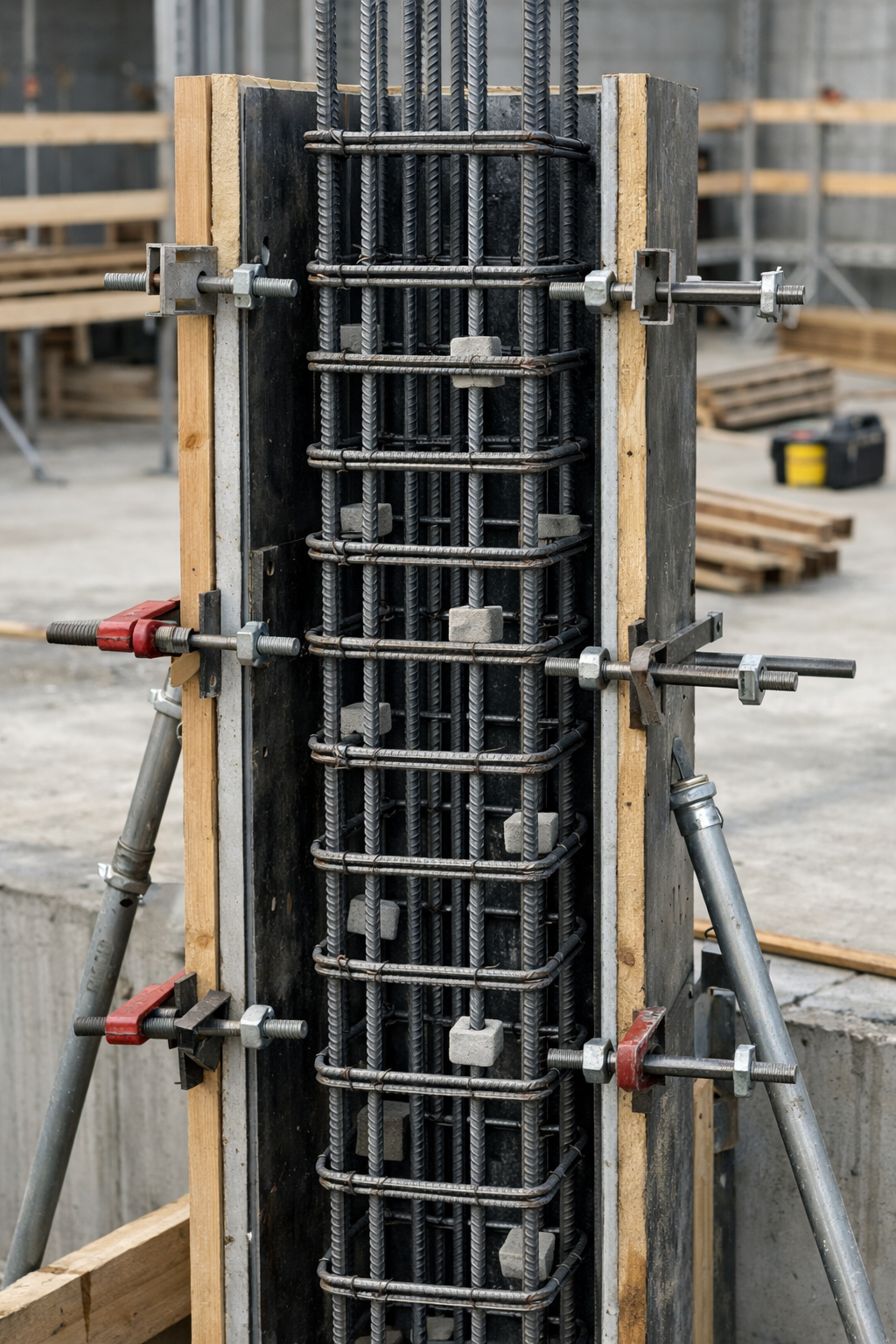 Détail de ferraillage d’un poteau en béton armé avec mise en place des armatures longitudinales et cadres, coffrage prêt pour le bétonnage