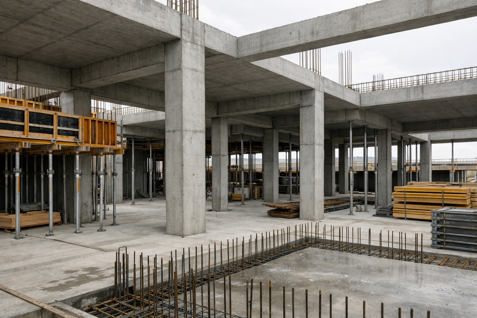 Structure poteaux–poutres en béton armé en phase chantier, avec planchers en cours de réalisation, illustrant l’organisation de la descente de charges et le phasage d’exécution avec étaiement provisoire
