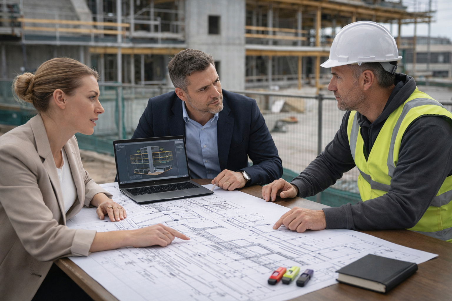 Réunion de coordination entre architecte, ingénieur structure et conducteur de travaux autour de plans d’exécution, bâtiment mixte en arrière-plan