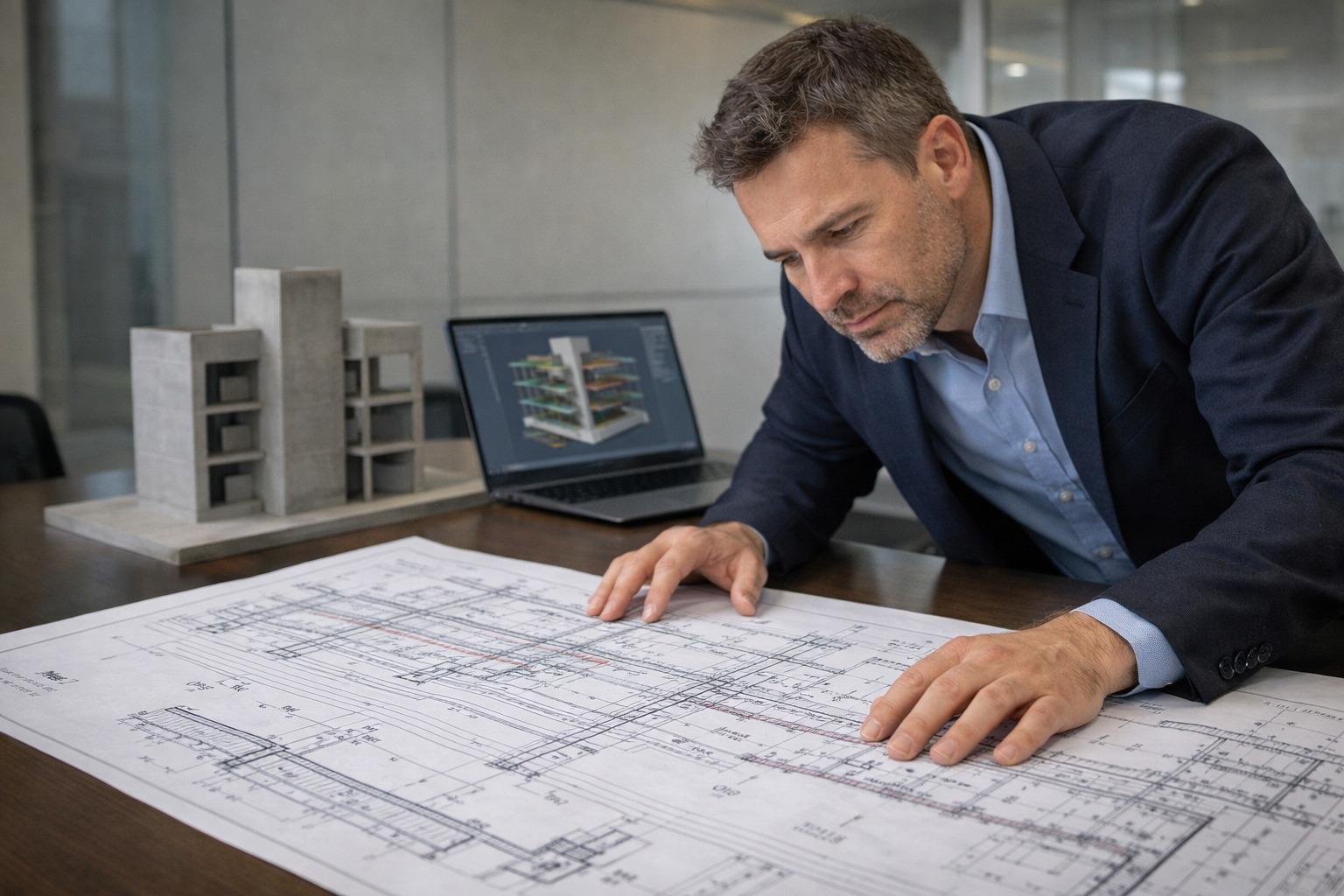 Ingénieur structure étudiant un plan de coffrage et de ferraillage en réunion, avec maquette béton et modèle numérique affiché à l’écran