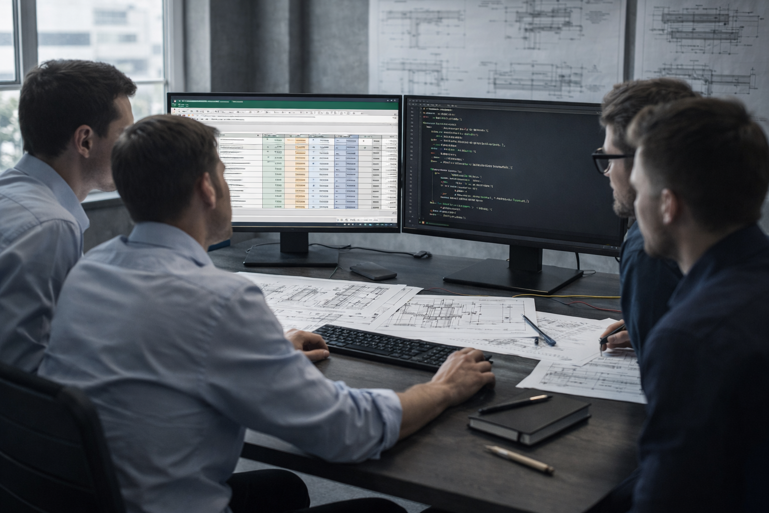 Bureau d’étude structure moderne avec ingénieurs travaillant sur Excel et scripts Python, plans béton acier bois en arrière-plan