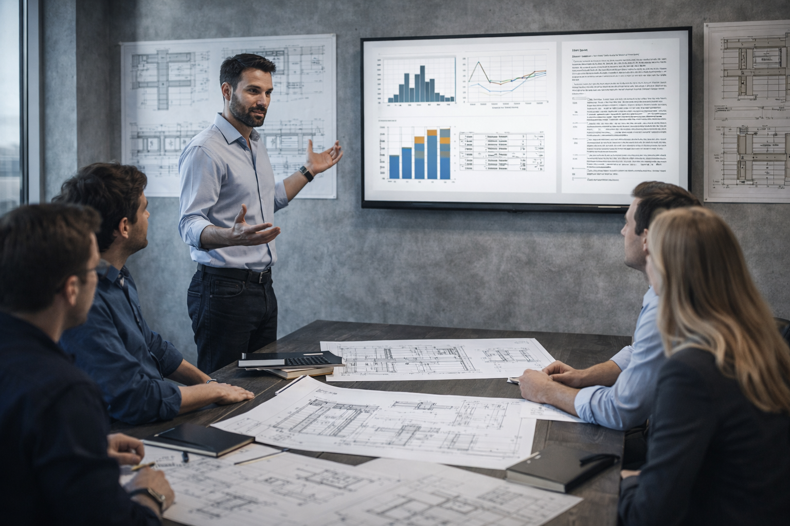 Ingénieur structure présentant un workflow automatisé à une équipe projet avec plans de coffrage, charpente métallique et structure bois