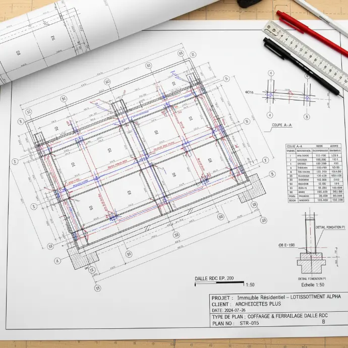 Extrait d&#39;un plan de ferraillage pour une poutre en béton réalisé par Calex Structure